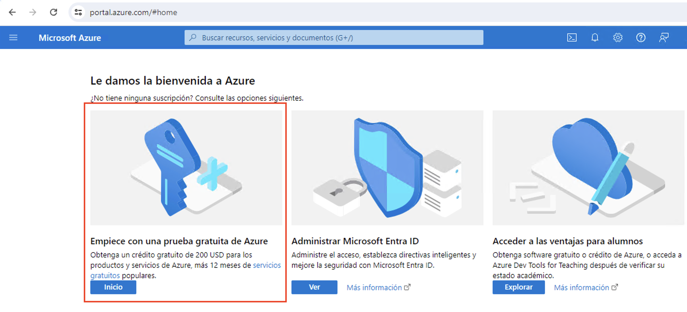 Panel de inicio de Azure