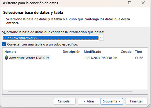 excel seleccionar base de datos y cubo