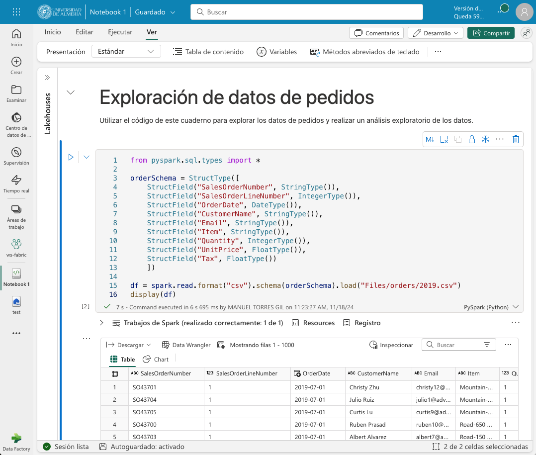 fabric spark dataframe schema