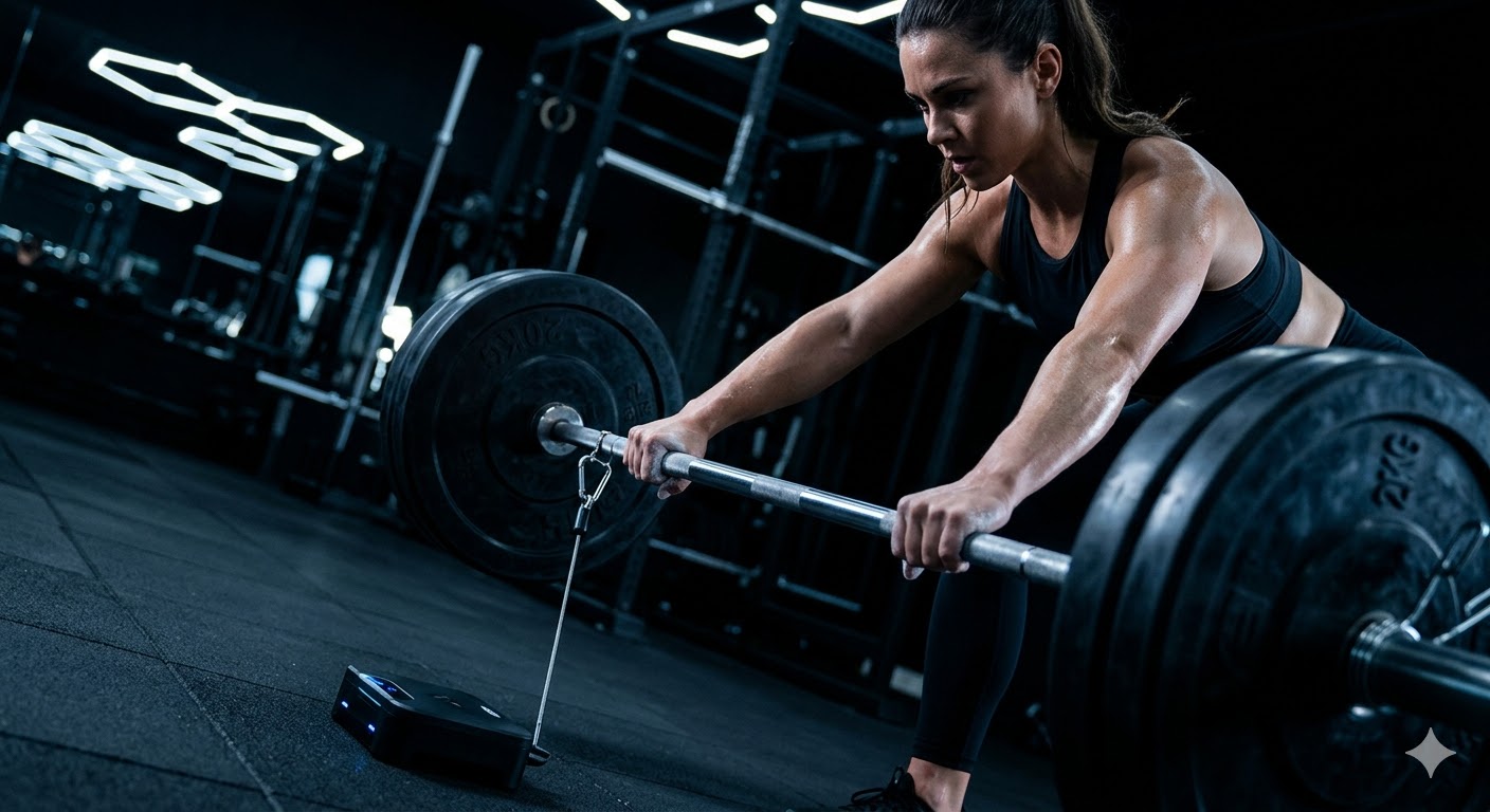 Dispositivo VBT en barra de gimnasio